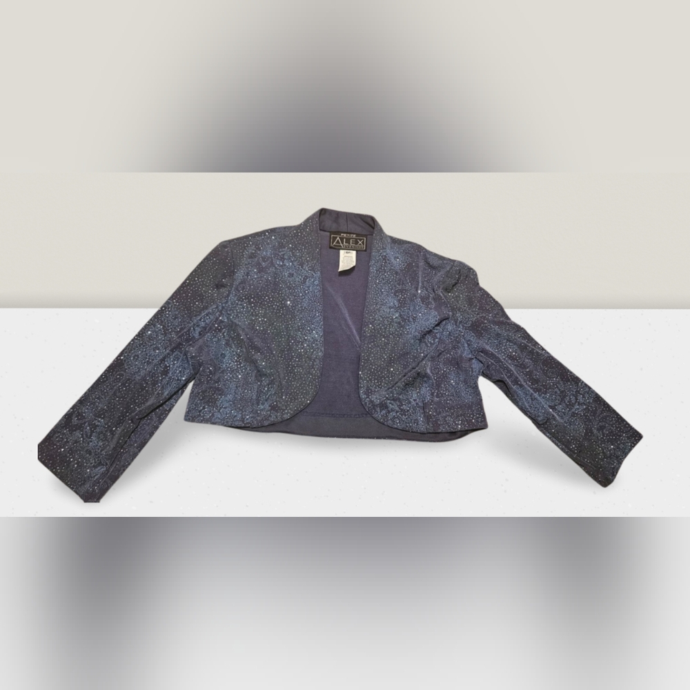 Alex Evening Jacket Womens Size 6P Sparkling Blue And Black Cropped Formal